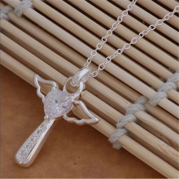 Sterling Silver Crystal Cross Angel Wings Necklace NEW - Picture 4 of 9